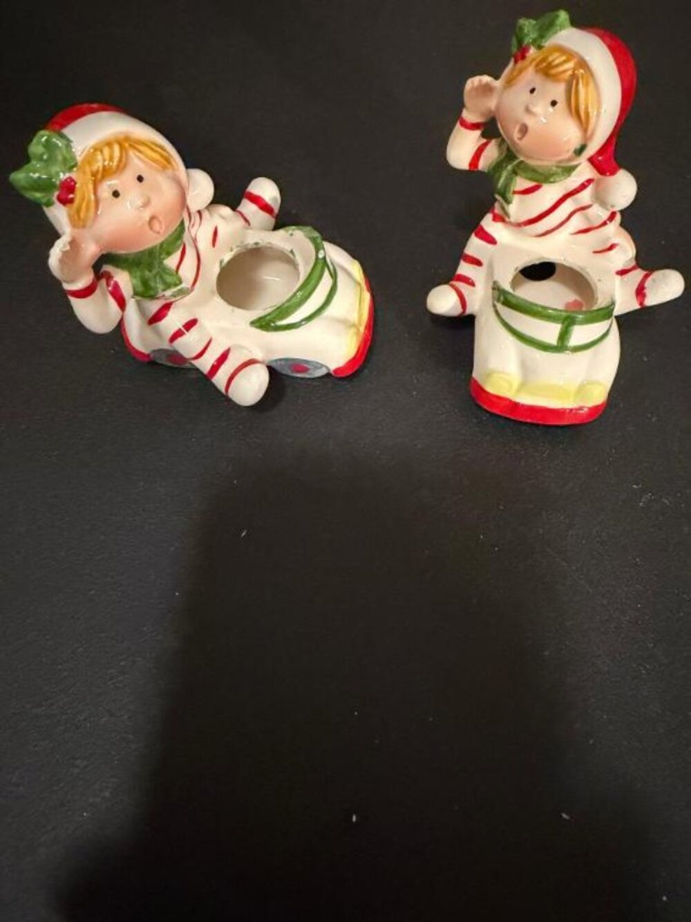 2 Vtg George Good Pixie Kids Christmas Taper Candle Holder Tag JAPAN -LOT#10-32X